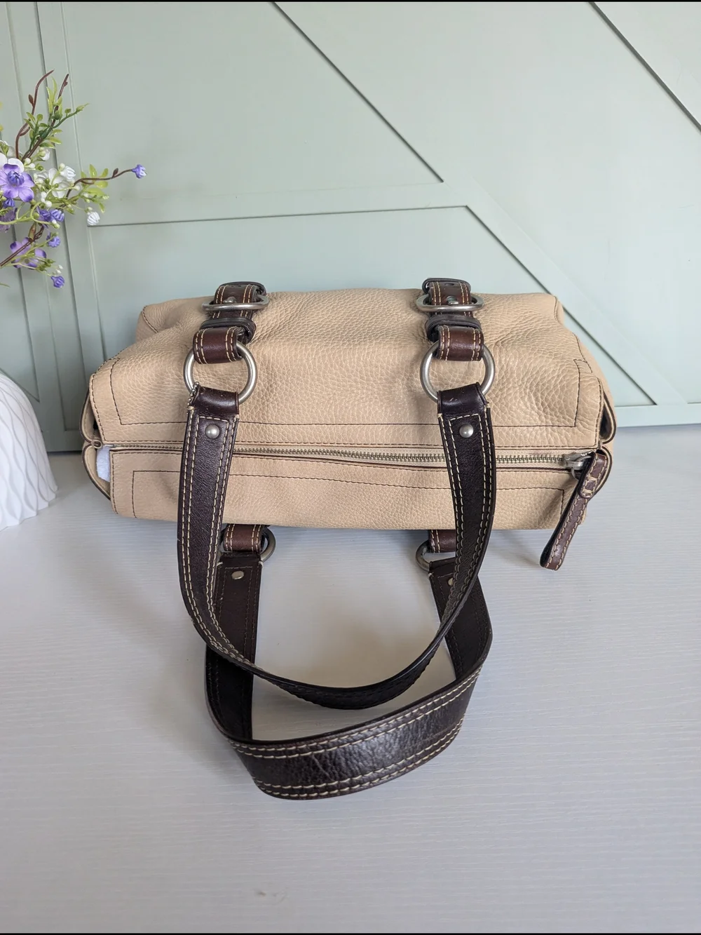 Coach Beige Leather Satchel with Dark Brown Straps